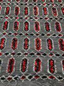 Geometric Stretch Sequin - Red / Black - Fancy Gem Design on Mesh By Yard
