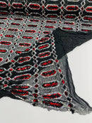 Geometric Stretch Sequin - Red / Black - Fancy Gem Design on Mesh By Yard