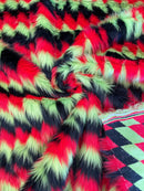 60" Zig Zag Faux Fur - Red / Black / Lime Green - Three Tone Soft Faux Fur Fabric By Yard