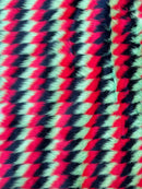 60" Zig Zag Faux Fur - Red / Black / Lime Green - Three Tone Soft Faux Fur Fabric By Yard
