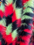 60" Zig Zag Faux Fur - Red / Black / Lime Green - Three Tone Soft Faux Fur Fabric By Yard