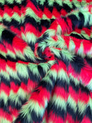 60" Zig Zag Faux Fur - Red / Black / Lime Green - Three Tone Soft Faux Fur Fabric By Yard