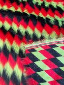 60" Zig Zag Faux Fur - Red / Black / Lime Green - Three Tone Soft Faux Fur Fabric By Yard