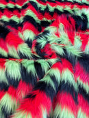 60" Zig Zag Faux Fur - Red / Black / Lime Green - Three Tone Soft Faux Fur Fabric By Yard