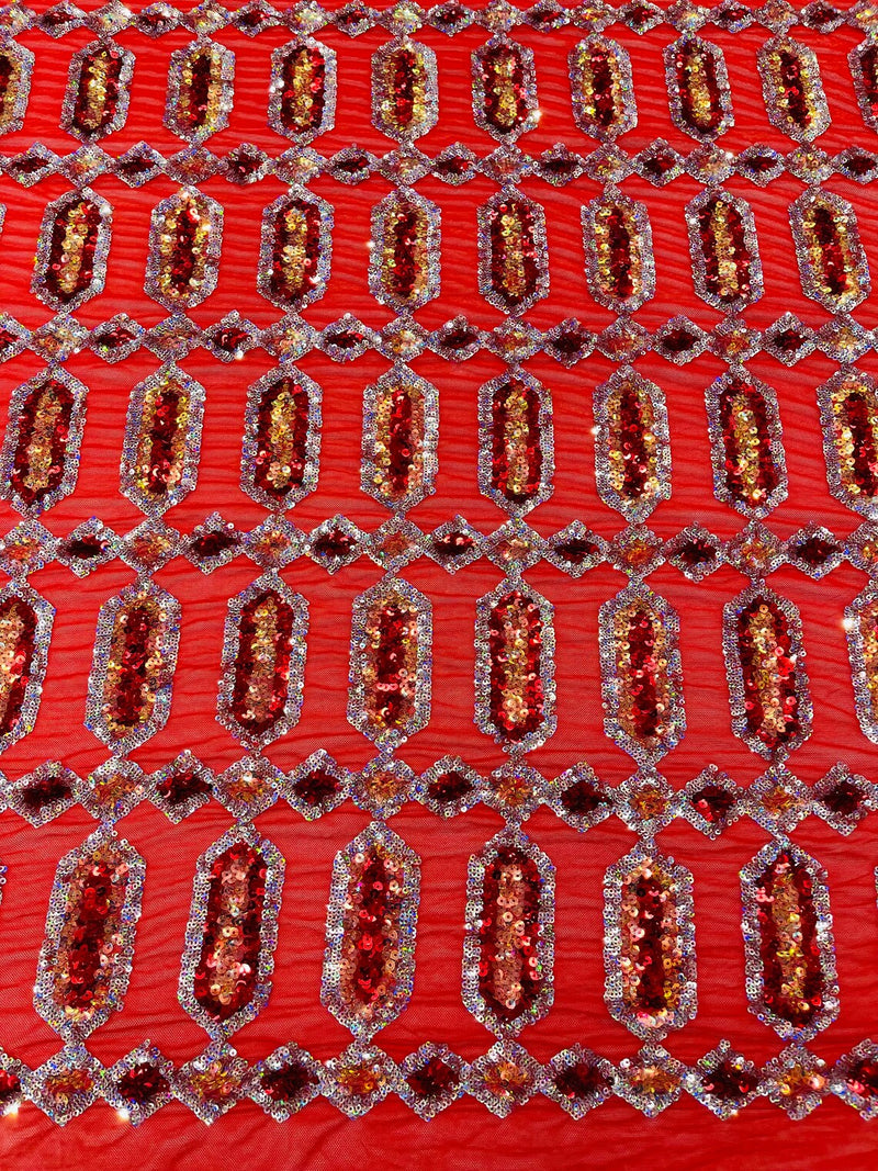 Geometric Stretch Sequin - Red Iridescent - Fancy Gem Design on Mesh By Yard