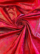 Foggy Foil Velvet Fabric - Red - Oil Slick 58/60" Stretch Foil Velvet Fabric By Yard