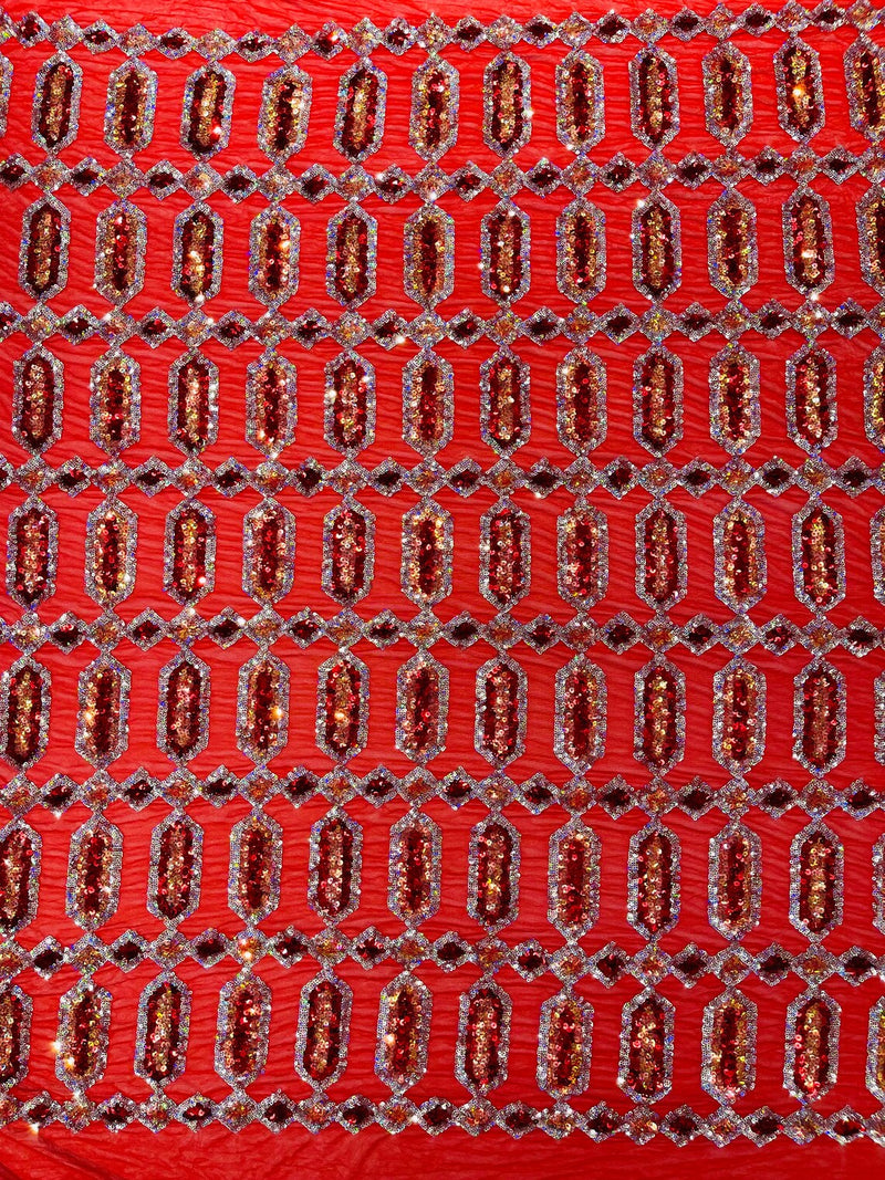 Geometric Stretch Sequin - Red Iridescent - Fancy Gem Design on Mesh By Yard