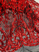 Heart Shape Sequins Fabric - Red on Black - 4 Way Stretch Sequins Damask Fabric By Yard