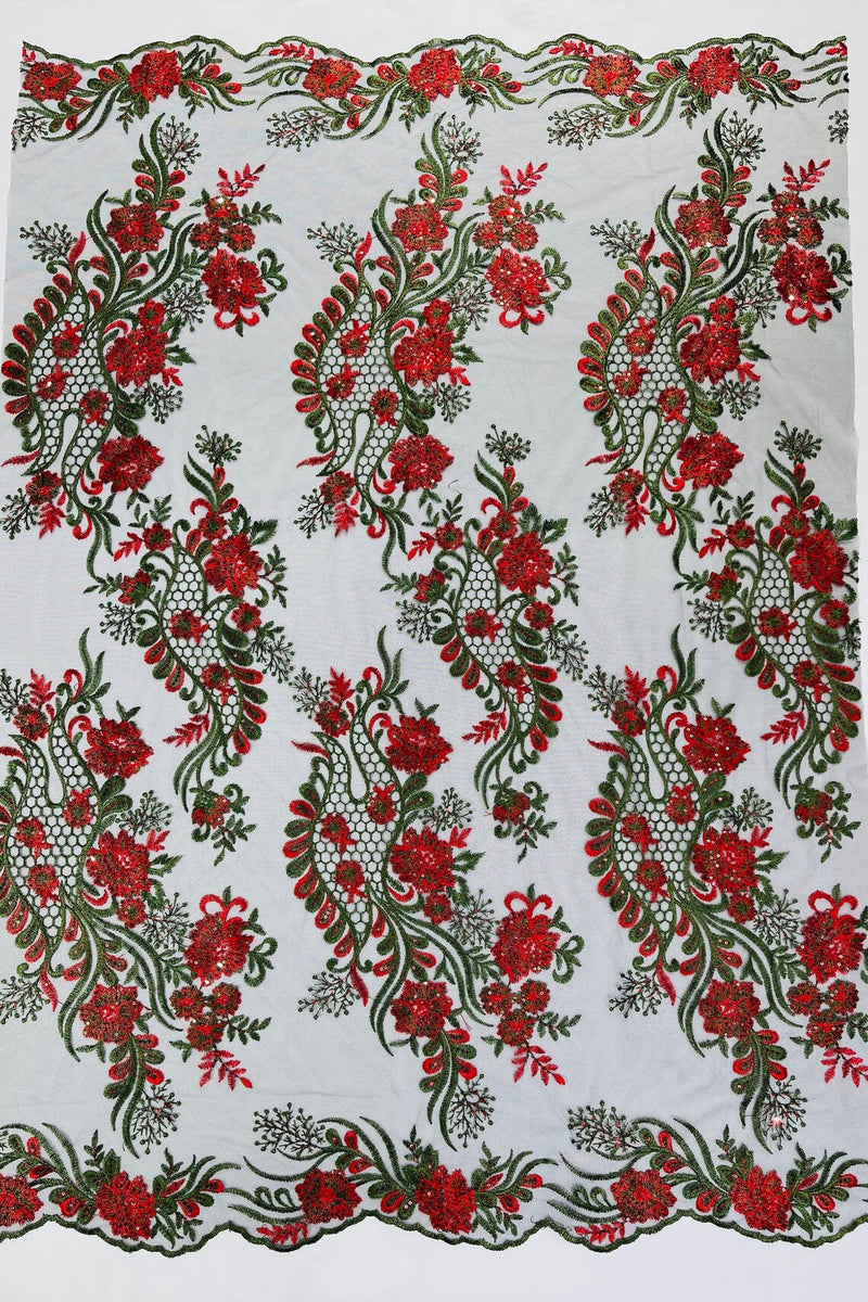 Two Tone Lace Floral Fabric - Red / Green on Black - Flower and Fish Designs Corded on Sequins Lace By Yard