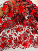 3D Glitter Floral Fabric - Red on Black - Glitter Sequin Flower Design on Lace Mesh Fabric by Yard