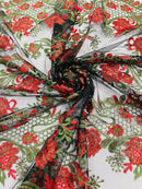 Two Tone Lace Floral Fabric - Red / Green on Black - Flower and Fish Designs Corded on Sequins Lace By Yard
