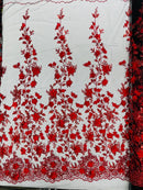 3D Glitter Floral Fabric - Red on Black - Glitter Sequin Flower Design on Lace Mesh Fabric by Yard
