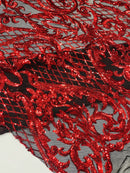 Heart Shape Sequins Fabric - Red on Black - 4 Way Stretch Sequins Damask Fabric By Yard