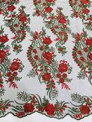 Two Tone Lace Floral Fabric - Red / Green on Black - Flower and Fish Designs Corded on Sequins Lace By Yard