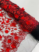 3D Glitter Floral Fabric - Red on Black - Glitter Sequin Flower Design on Lace Mesh Fabric by Yard