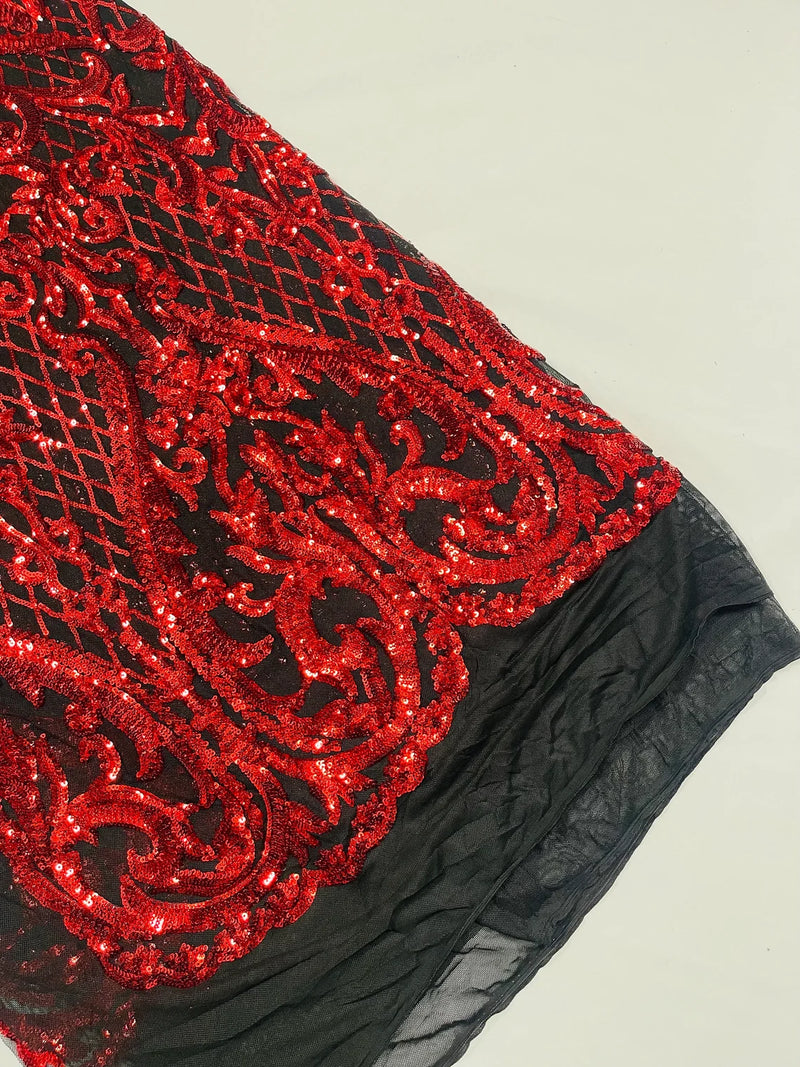 Heart Shape Sequins Fabric - Red on Black - 4 Way Stretch Sequins Damask Fabric By Yard