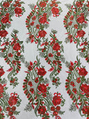 Two Tone Lace Floral Fabric - Red / Green on Black - Flower and Fish Designs Corded on Sequins Lace By Yard