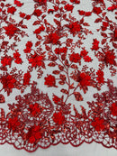3D Glitter Floral Fabric - Red on Black - Glitter Sequin Flower Design on Lace Mesh Fabric by Yard