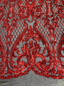 Heart Shape Sequins Fabric - Red on Black - 4 Way Stretch Sequins Damask Fabric By Yard