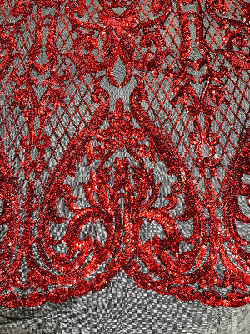 Heart Shape Sequins Fabric - Red on Black - 4 Way Stretch Sequins Damask Fabric By Yard