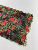 Two Tone Lace Floral Fabric - Red / Green on Black - Flower and Fish Designs Corded on Sequins Lace By Yard