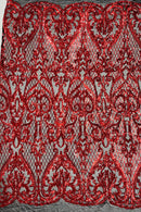 Heart Shape Sequins Fabric - Red on Black - 4 Way Stretch Sequins Damask Fabric By Yard
