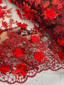 3D Glitter Floral Fabric - Red on Black - Glitter Sequin Flower Design on Lace Mesh Fabric by Yard