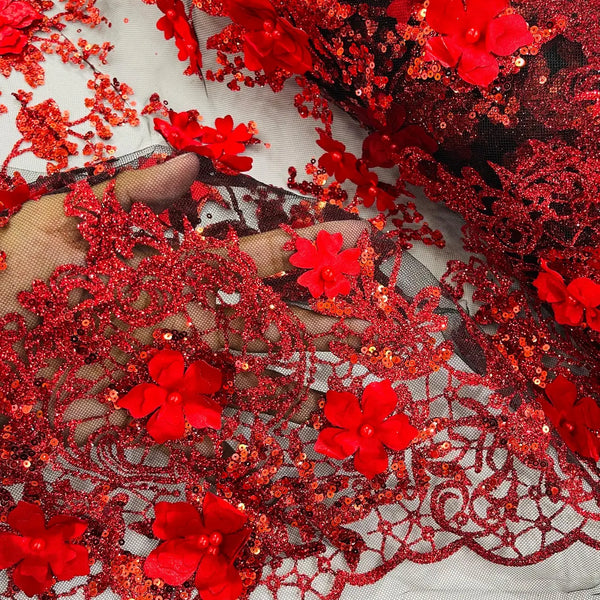 Modern Handmade Beaded Flowers With Sequins Mesh Lace Fabric By The Yard/Floral online Lace Fabric(Red) For Night Gowns/Wedding/ Prom Dresses