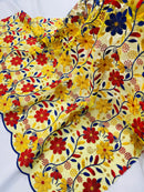 Multi-Color Floral Fabric - Red/Yellow/Blue - Floral Design Embroidery Lace Fabric By Yard