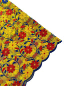 Multi-Color Floral Fabric - Red/Yellow/Blue - Floral Design Embroidery Lace Fabric By Yard