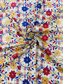 Multi-Color Floral Fabric - Red/Yellow/Blue - Floral Design Embroidery Lace Fabric By Yard