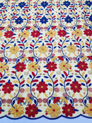 Multi-Color Floral Fabric - Red/Yellow/Blue - Floral Design Embroidery Lace Fabric By Yard