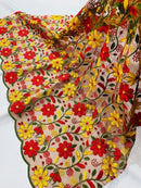 Multi-Color Floral Fabric - Red/Yellow/Green - Floral Design Embroidery Lace Fabric By Yard