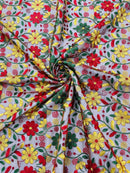 Multi-Color Floral Fabric - Red/Yellow/Green - Floral Design Embroidery Lace Fabric By Yard