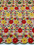 Multi-Color Floral Fabric - Red/Yellow/Green - Floral Design Embroidery Lace Fabric By Yard