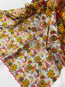 Multi-Color Flower Fabric - Red / Yellow / Green on Black - Embroidered Floral Design Lace Fabric By Yard