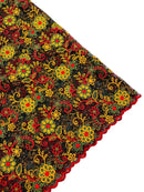 Multi-Color Flower Fabric - Red / Yellow / Green on Black - Embroidered Floral Design Lace Fabric By Yard