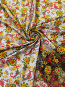 Multi-Color Flower Fabric - Red / Yellow / Green on Black - Embroidered Floral Design Lace Fabric By Yard