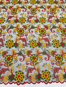 Multi-Color Flower Fabric - Red / Yellow / Green on Black - Embroidered Floral Design Lace Fabric By Yard