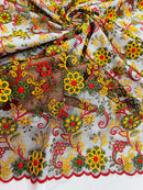 Multi-Color Flower Fabric - Red / Yellow / Green on Black - Embroidered Floral Design Lace Fabric By Yard