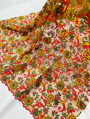 Multi-Color Flower Fabric - Red / Yellow / Green on Red - Embroidered Floral Design Lace Fabric By Yard