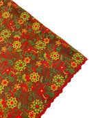 Multi-Color Flower Fabric - Red / Yellow / Green on Red - Embroidered Floral Design Lace Fabric By Yard