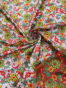 Multi-Color Flower Fabric - Red / Yellow / Green on Red - Embroidered Floral Design Lace Fabric By Yard