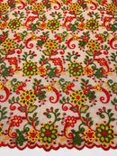 Multi-Color Flower Fabric - Red / Yellow / Green on Red - Embroidered Floral Design Lace Fabric By Yard