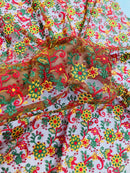 Multi-Color Flower Fabric - Red / Yellow / Green on Red - Embroidered Floral Design Lace Fabric By Yard