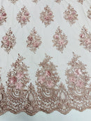 3D Floral Fabric with Pearls - Rosa Palo - Embroidered Flower and Leaf Patterns on Lace Fabric by Yard