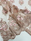 3D Floral Fabric with Pearls - Rosa Palo - Embroidered Flower and Leaf Patterns on Lace Fabric by Yard