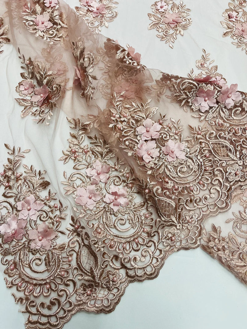 3D Floral Fabric with Pearls - Rosa Palo - Embroidered Flower and Leaf Patterns on Lace Fabric by Yard