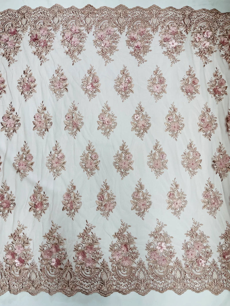 3D Floral Fabric with Pearls - Rosa Palo - Embroidered Flower and Leaf Patterns on Lace Fabric by Yard