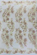 Two Tone Lace Floral Fabric - Rose / Beige - Flower and Fish Designs Corded on Sequins Lace By Yard